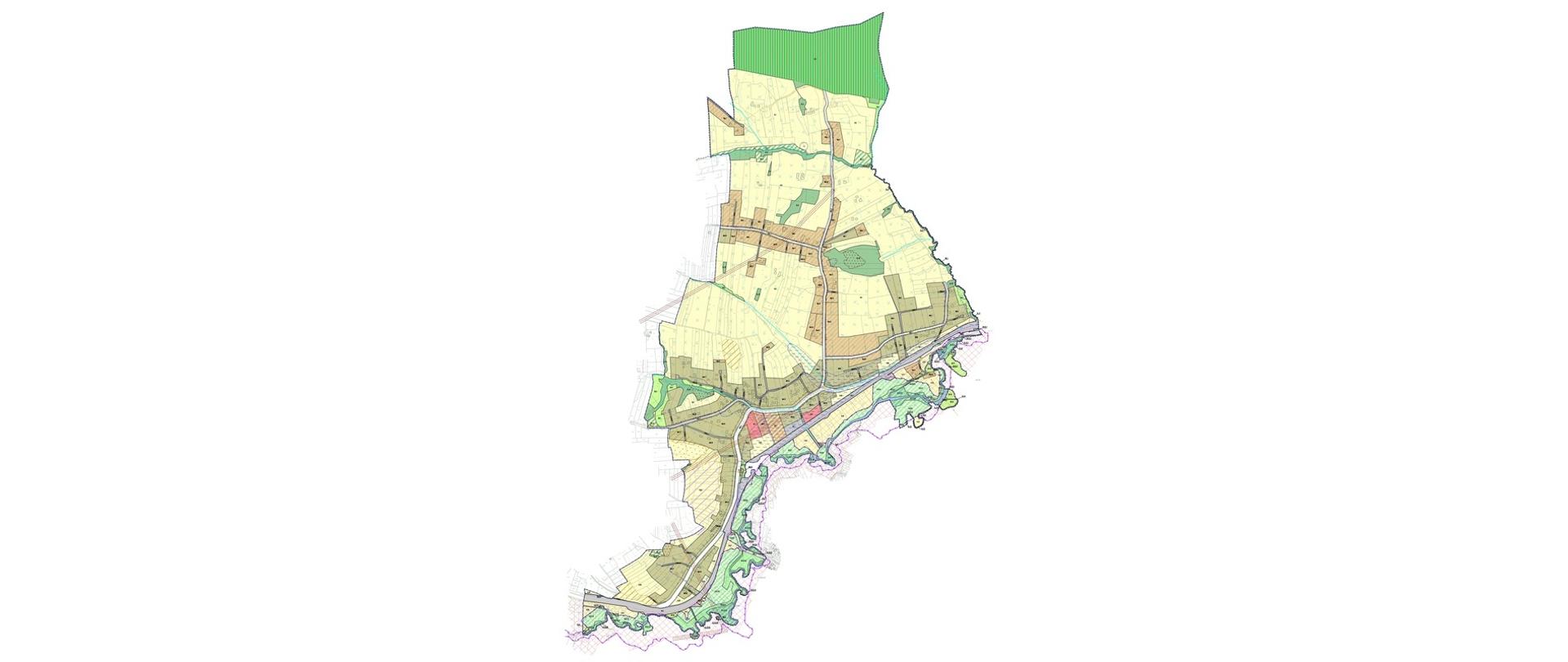Poglądowa miniatura mapy miejscowości z podziałem na poszczególne obszary zagospodarowania przestrzennego