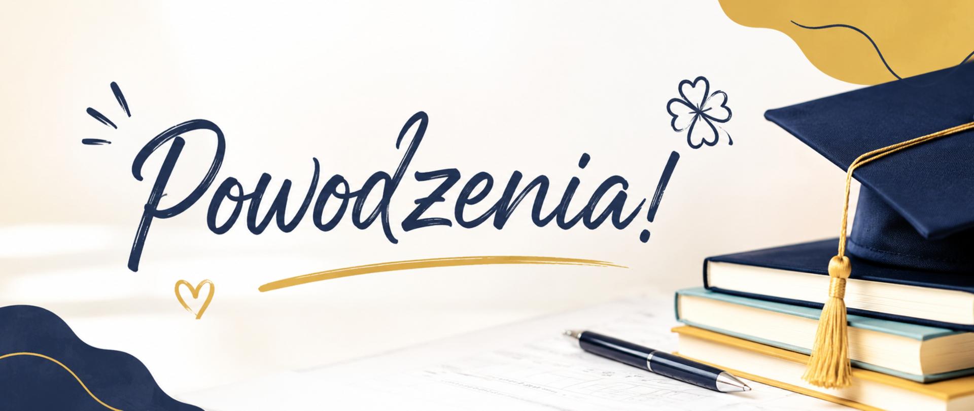 Plakat w kolorystyce biało, żółto niebieskiej. Na środku napis powodzenia. W prawym dolnym rogu trzy kolorowe książki, długopis i czapeczka absolwenta.