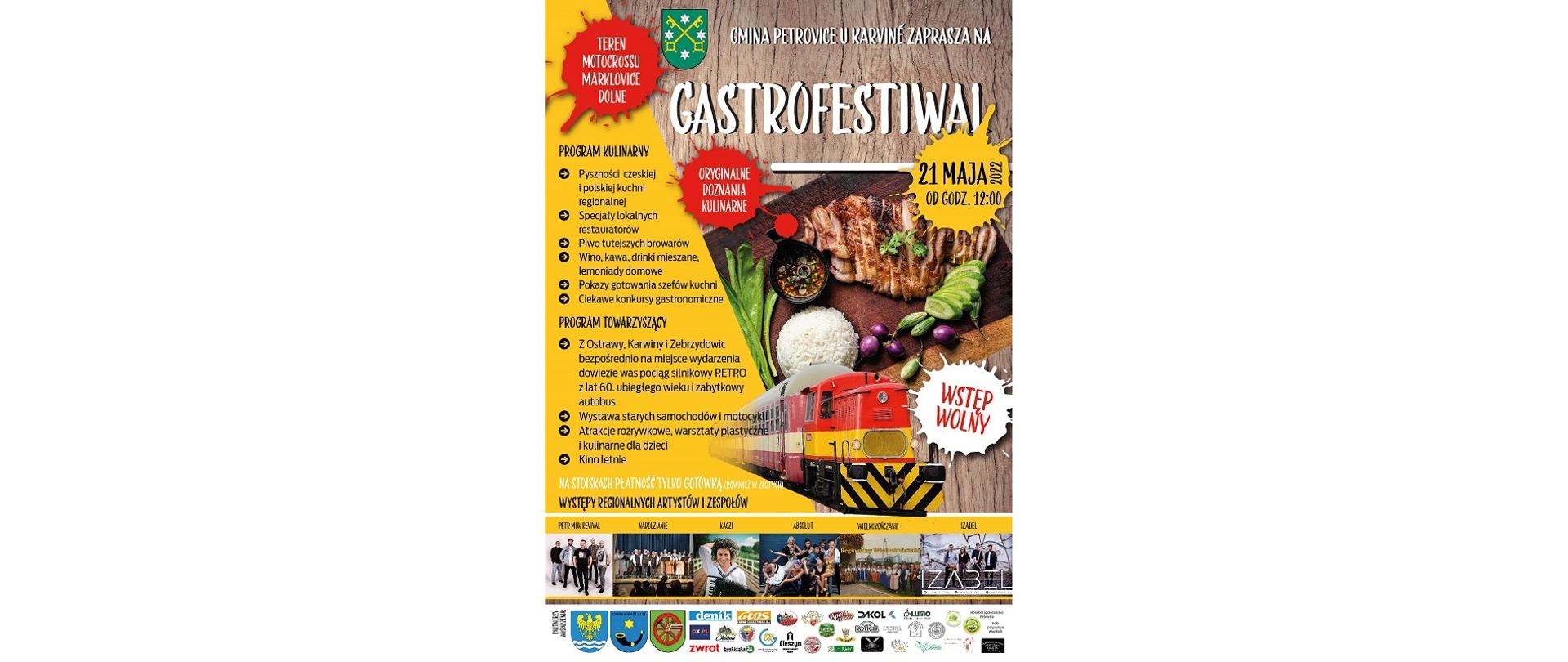 Plakat Gastrofestivalu. Zaprasza Gmina Piotrowice k/Karwiny. 21 maja od godziny 12.00. Teren motocrossu Marklowice Dolne. Program kulinarny. Program towarzyszący.