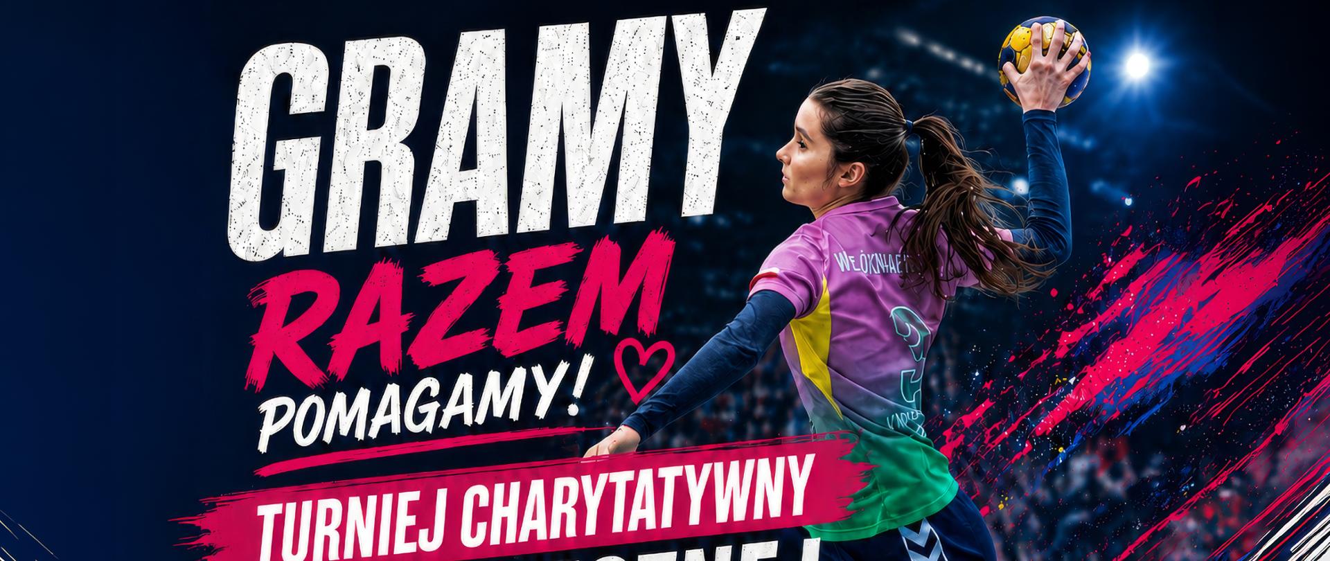 Plakat promujący charytatywny turniej piłki ręcznej kobiet Masters pod hasłem „Gramy razem - pomagamy”. Na grafice widoczna jest zawodniczka wykonująca rzut piłką oraz zdjęcie chłopca, dla którego organizowana jest zbiórka. W wydarzeniu wezmą udział trzy drużyny: WHT KKS Włókniarz Konstantynów Łódzki, LHK Kozłowianki Handball oraz UKS Salus Przedecz. Turniej odbędzie się 13 czerwca 2026 roku o godz. 10:00 w Klubie Sportowym Włókniarz przy placu Wolności 60 w Konstantynowie Łódzkim. Wydarzenie objęte jest Honorowym Patronatem Burmistrza Konstantynowa Łódzkiego. Celem turnieju jest wsparcie Franka, chłopca chorującego na dystrofię mięśniową Duchenne’a (DMD). Na dole plakatu znajdują się logotypy partnerów i sponsorów wydarzenia.