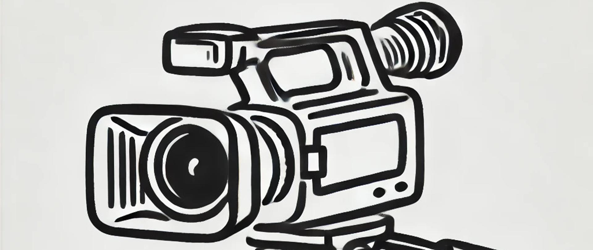 Prosty rysunek czarno-białej kamery, bez tła i postaci, przedstawiający sprzęt używany do nagrywania i transmisji spotkań w zgodzie z przepisami o ochronie danych.