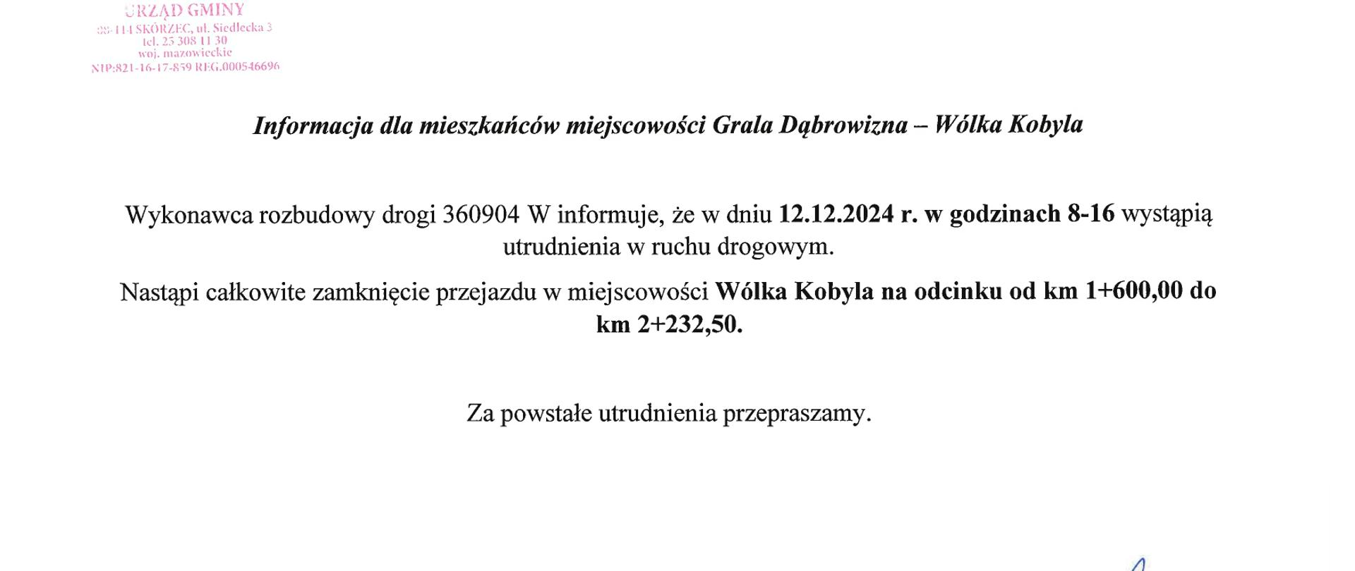 informacja dla mieszkańców m. Grala-Wólka