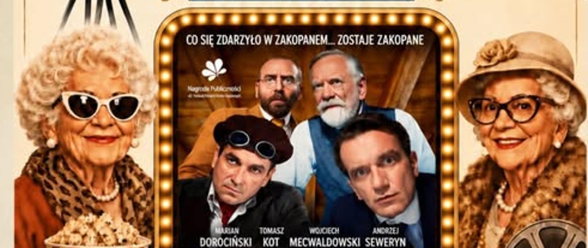 Plakat w stylu retro zapraszający seniorów na wydarzenie „Małopolskie Cyfrowe Kino dla Seniora”. U góry widnieje tytuł oraz grafiki starej kamery filmowej i klapsa. Po bokach znajdują się dwie starsze kobiety w okularach, trzymające popcorn. W centrum umieszczono ekran z kadrem filmu „Niebezpieczni dżentelmeni” oraz wizerunkami kilku aktorów.
Na plakacie podano: 22 września, godz. 16:00, Kino Kijów, al. Zygmunta Krasińskiego 34. Obowiązują zapisy telefoniczne pod numerem 12 429 37 28. W programie m.in. odblaskowy pokaz mody, wykłady edukacyjne i bezpłatne badania. Widoczne są również informacje o projekcie „Bezpiecznie stylowo odblaskowo” oraz logotypy organizatorów.