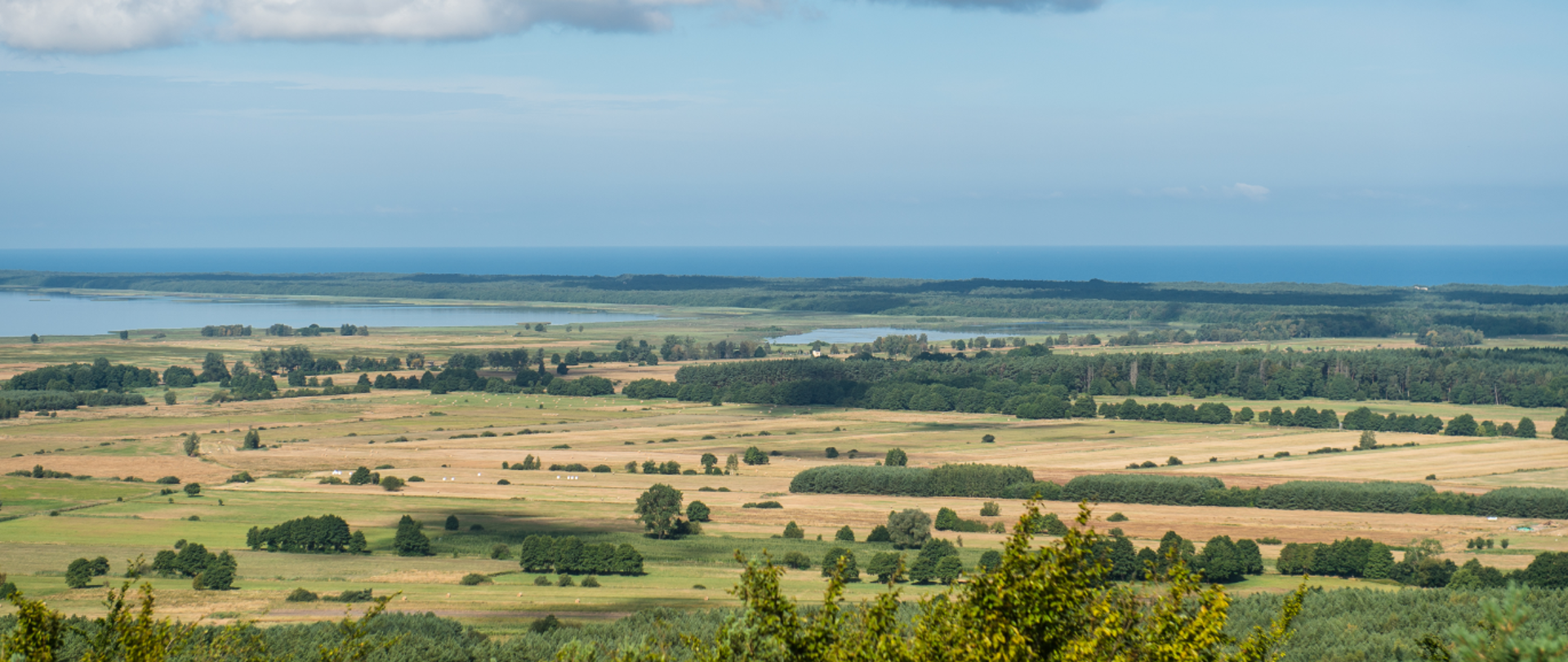 Krajobraz pół przeplatanych lasami i grupami drzew, w oddali widoczne dwa jeziora
