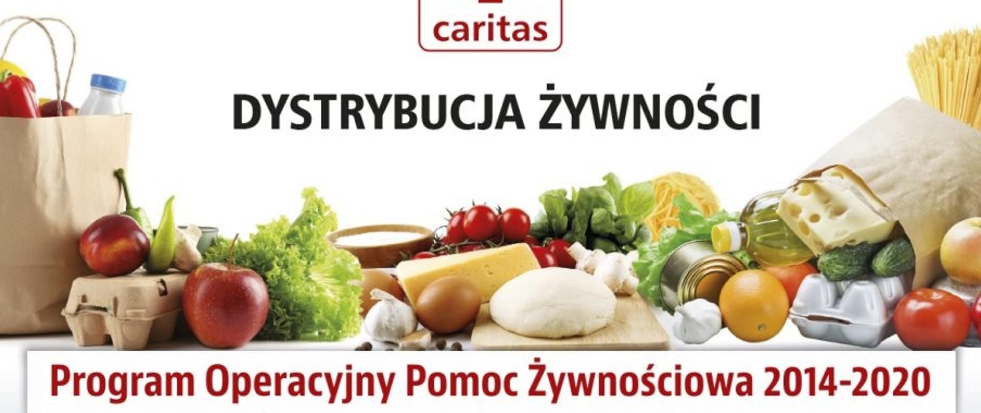 Na górze logo Caritas, na dole napis Program Operacyjny Pomoc Żywnościowa 2014-2020, po środku żywność: jajka, jabłka, sałata, ser, pomidory