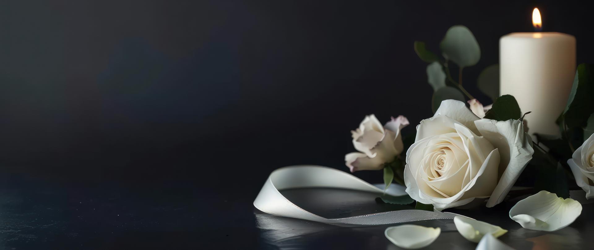 Top view white rose and candle with photo frame and ribbon on dark background. Generated AI