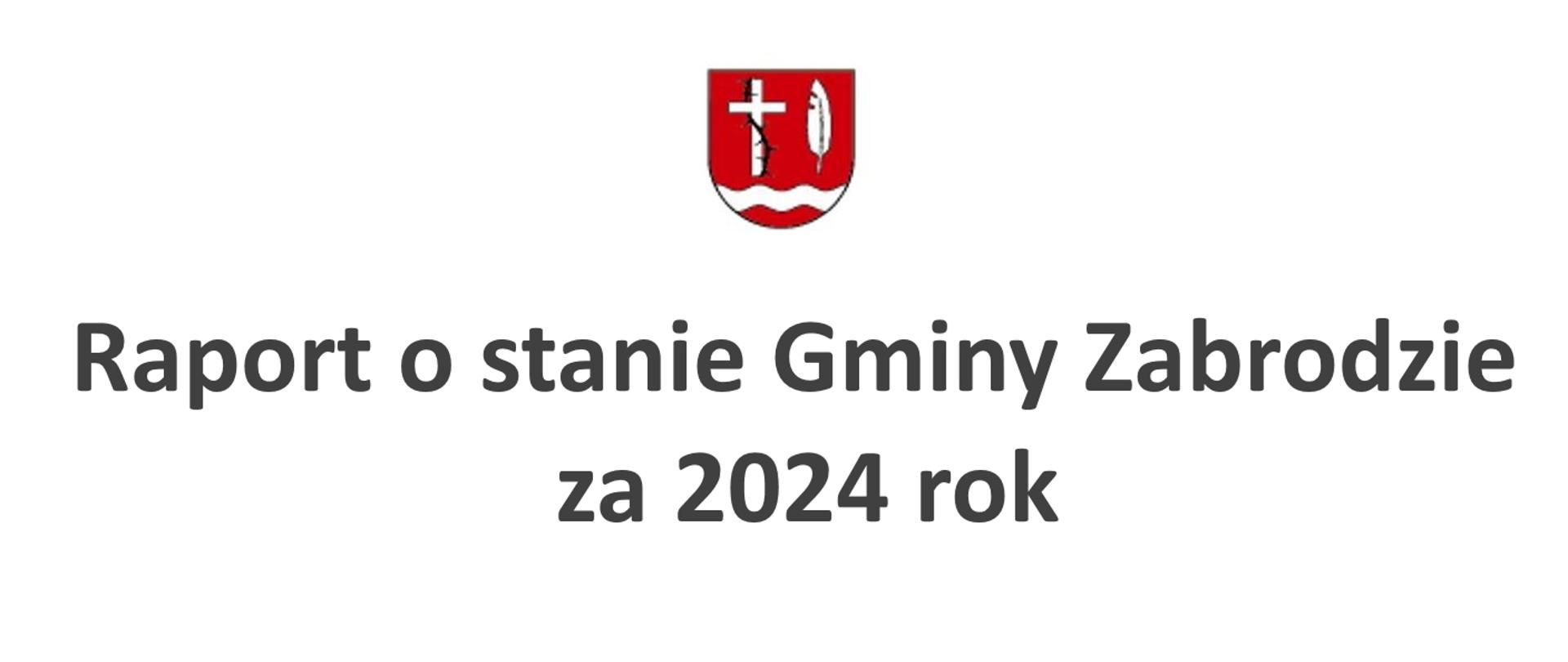 Herb Gminy Zabrodzie. Biały krzyż opasany ciernią, białe pióro oraz pod nimi białą rzeka. Raport o stanie Gminy Zabrodzie za 2024 rok