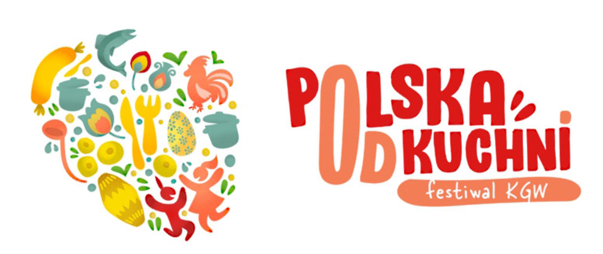 baner festiwalu od lewej grafiką przedmiotów np oscypka, jajka, garnka, dziewczynką, kogutem - zrobiona mapa polski, a od prawej napis polska od kuchni - festiwal kgw 