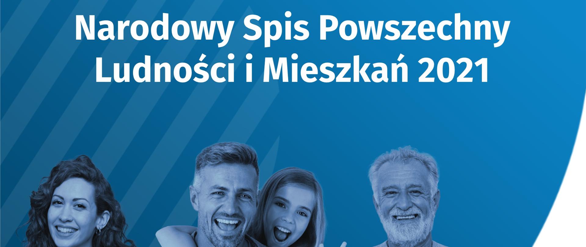 Grafika w kolorystyce biało-granatowej. Od góry duży biały napis „Narodowy Spis Powszechny Ludności i Mieszkań 2021”na tle niebieskiego zdjęcia przedstawiającego uśmiechniętych ludzi. W dolnym lewym rogu zdjęcia napis „Liczymy się dla Polski”. W dolnym prawym rogu logo spisowe. Na zdjęciu na granatowej belce widnieje napis: „Spis trwa od 1 kwietnia do 30 września 2021 r. według stanu na 31 marca br.” Poniżej: „Samospis internetowy to najprostsza i bezpieczna metoda”, z prawej strony skan strony głównej aplikacji formularza spisowego. W dalszej części znajduje się nr telefonu Infolinii spisowej 22 279 99 99 oraz ogólne informacje, jak postępować po połączeniu się z infolinią. Poniżej zapis: „Rachmistrzowie spisowi dzwonią z numeru telefonu 22 828 88 88”. Pod spodem na granatowej belce umieszczony jest napis: „Masz pytania? Skontaktuj się z infolinią spisową”, a na samym dole ulotki: „Więcej informacji na NSP 2021 dostępne jest na stronie spis.gov.pl”.