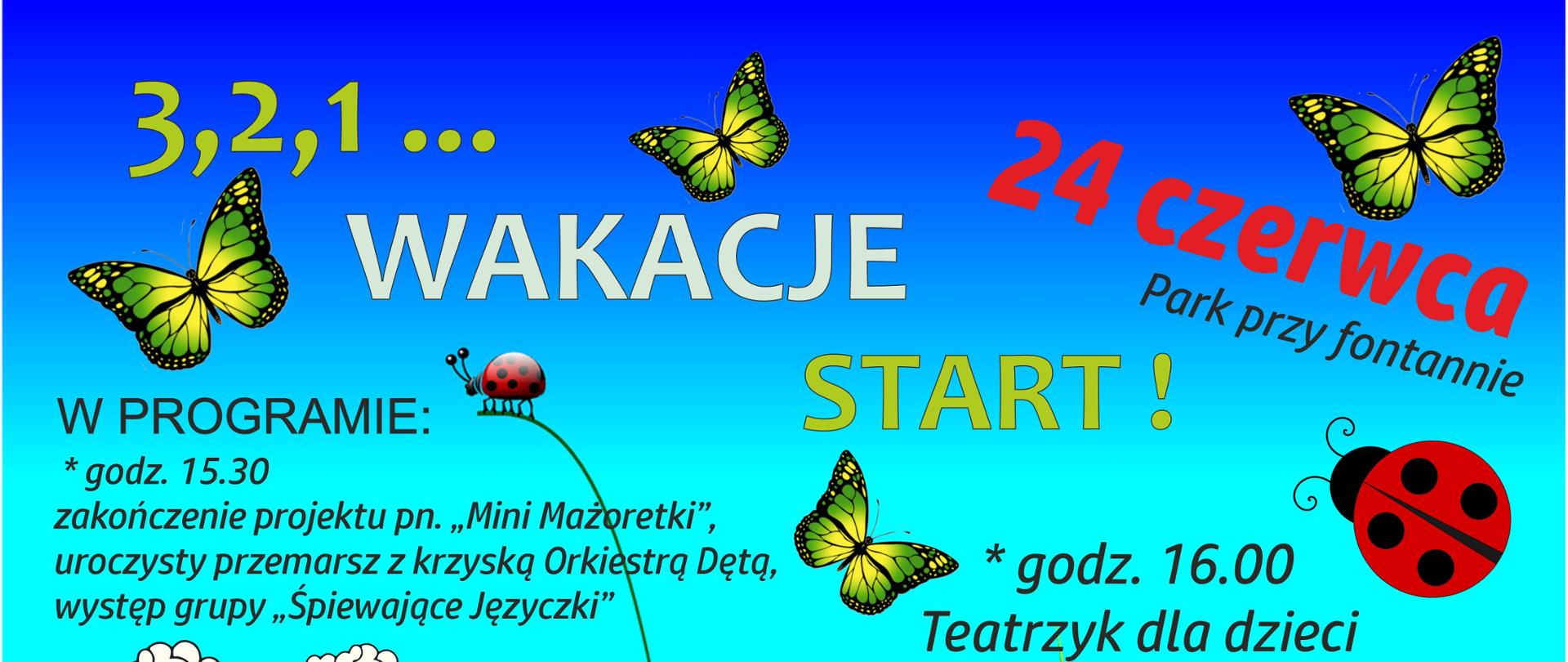 Miejsko-Gminny Ośrodek Kultury w Krzyżu Wielkopolskim
zapraszam na imprezę 3,2,1... wakacje start
Park miejski przy fontannie godz. 15:30, 24 czerwca
W programie
zakończenie projektu pn. ,,Mini Mażoretki", występ krzyskiej Orkiestry
Dętej, występ zepołu Śpiewające Języczki, popcorn dla każdego, teatrzyk
dla dzieci ,,Księga Leśnej Polany"