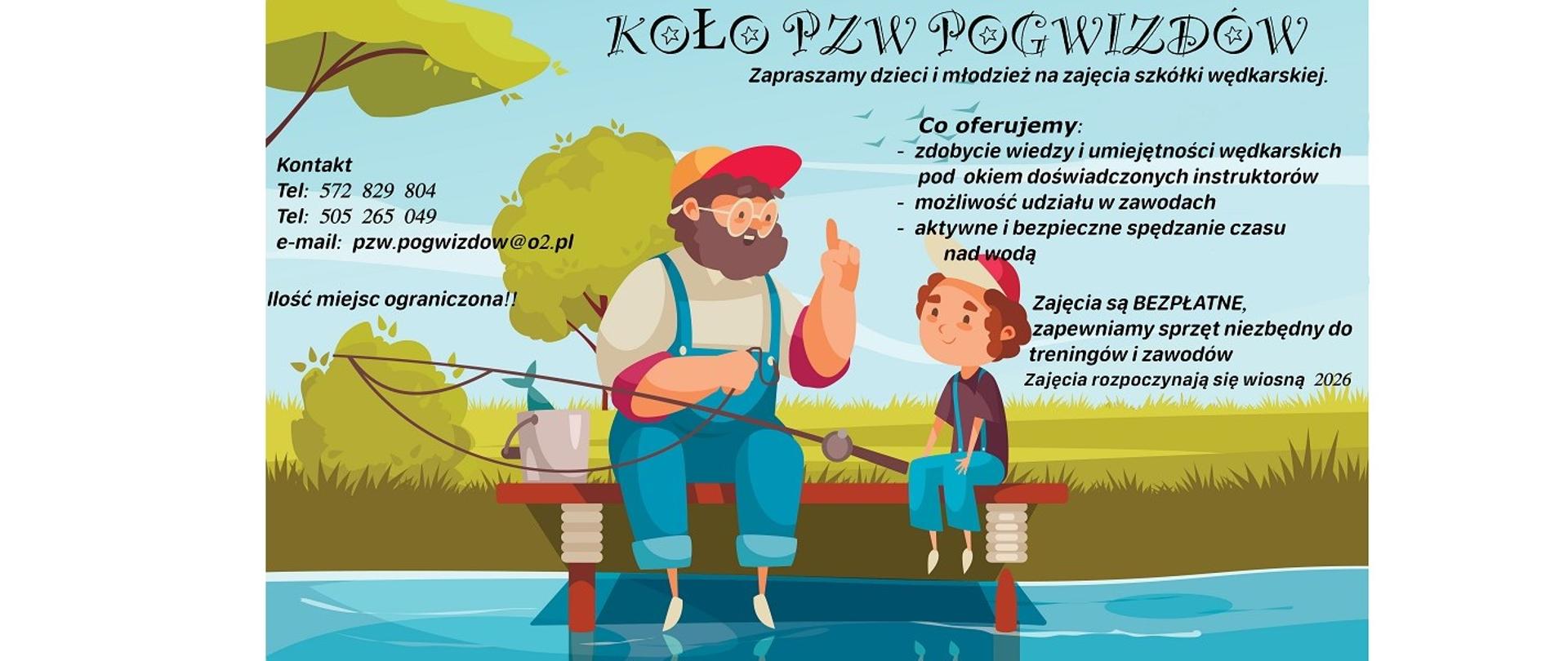 Plakat PZW Pogwizdów. Zapraszamy dzieci i młodzież na zajęcia szkółki wędkarskiej. Zajęcia są bezpłatne
