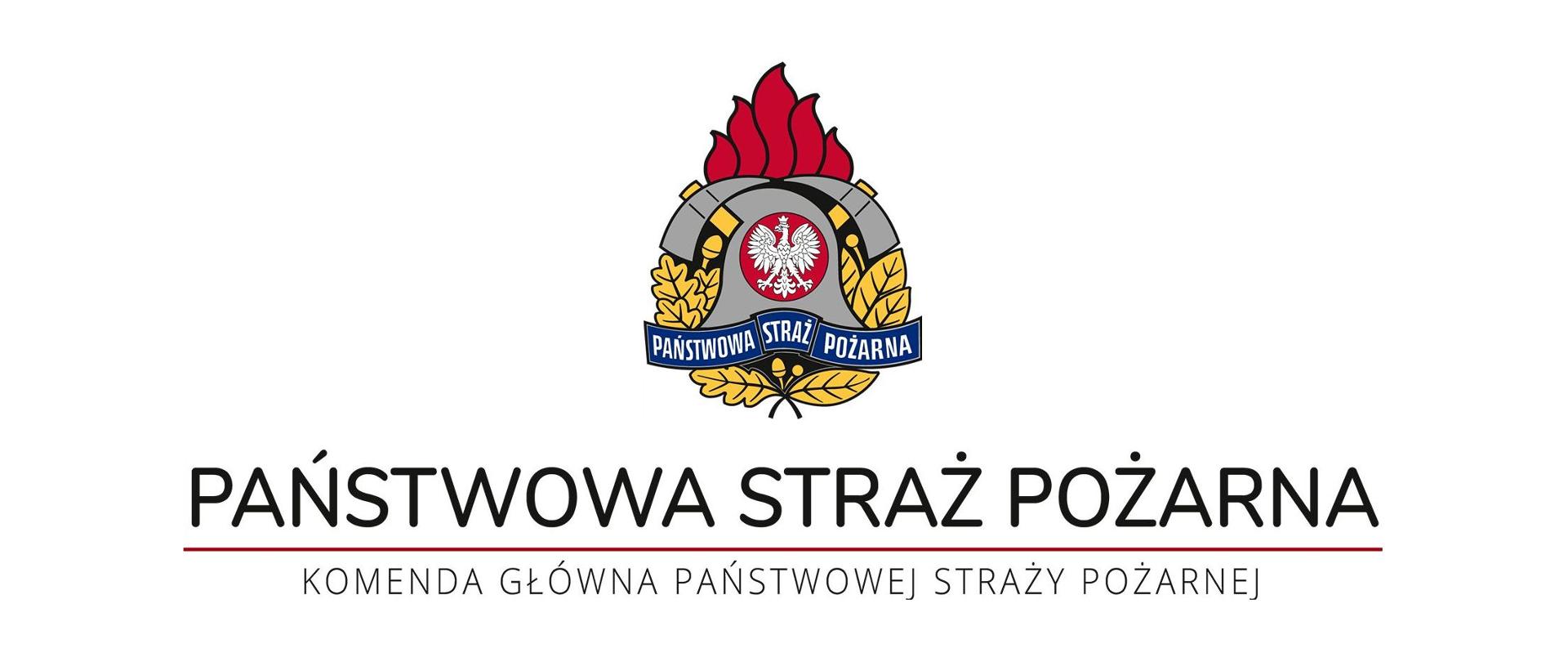 Kolorowy logotyp Państwowej Straży Pożarnej narysowany w 1992 roku, inspirowany zespołem elementów, które wchodziły w skład wyposażenia każdego strażaka (hełm, toporki), z symbolem złotego wieńca, czerwonego płomienia, białego orła