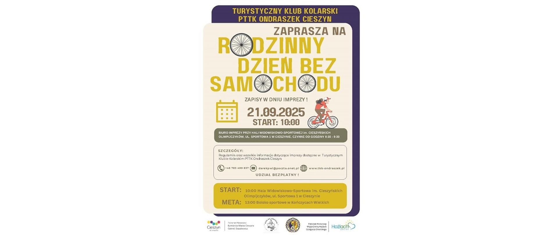Plakat imprezy. Turystyczny Klub Kolarski PTTK Ondraszek Cieszyn zaprasza na Rodzinny Dzień bez Samochodu. Zapisy w dniu imprezy. 21.09.2025. Start: 10.00