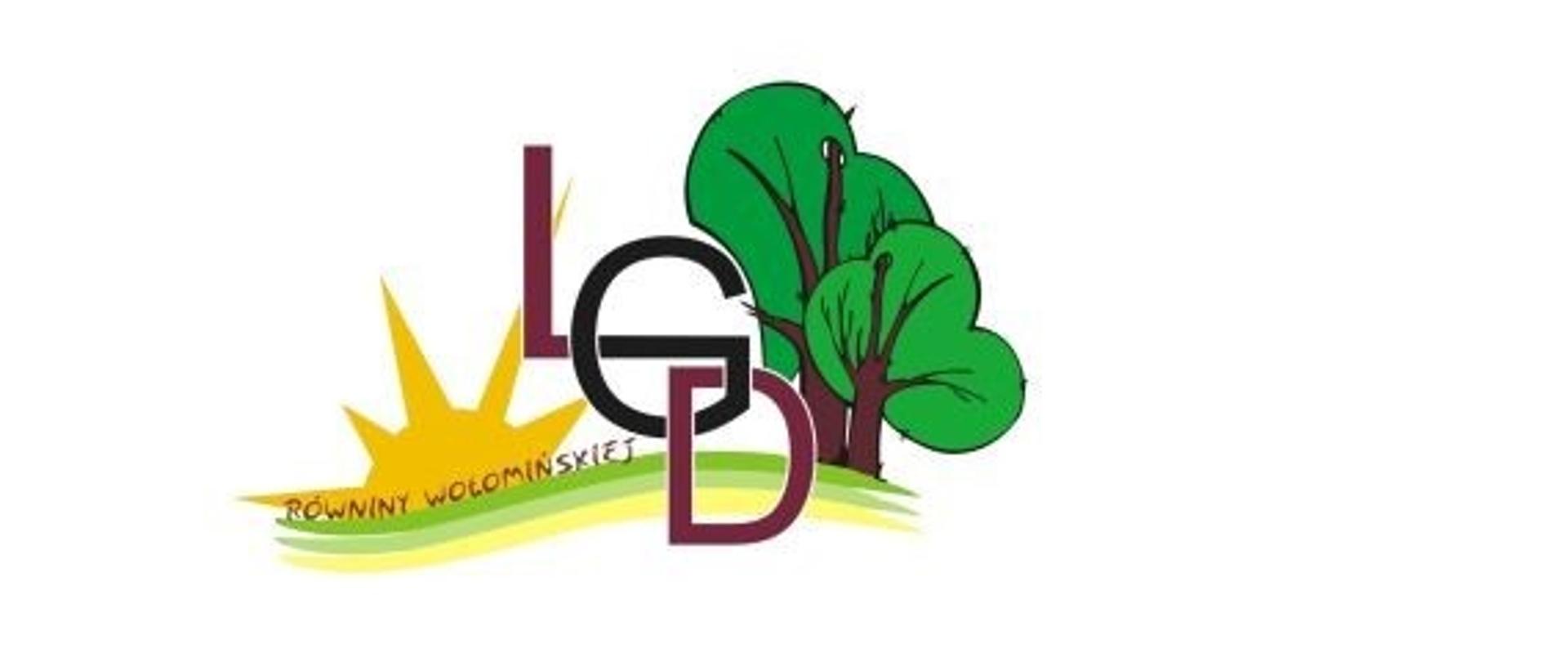 Duże litery LGD, grafika wschodzącego słońca i dwa narysowane drzewa po prawej stronie