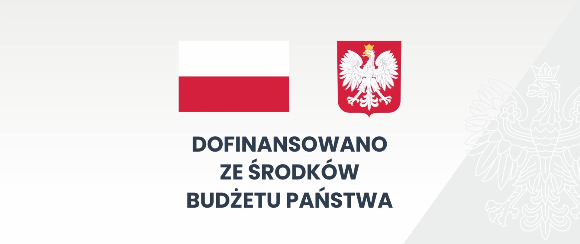 Grafika przedstawia biało czerwoną flagę Polski oraz Godło Polski (Orzeł biały w koronie na czerwonej tarczy). Pod nimi znajduje się napis "Dofinansowano ze środków budżetu państwa". Flaga, godło oraz napis znajdują się w centralnej części. W tle znajduje się stylizowany kontur orła w koronie w odcieniach szarości.