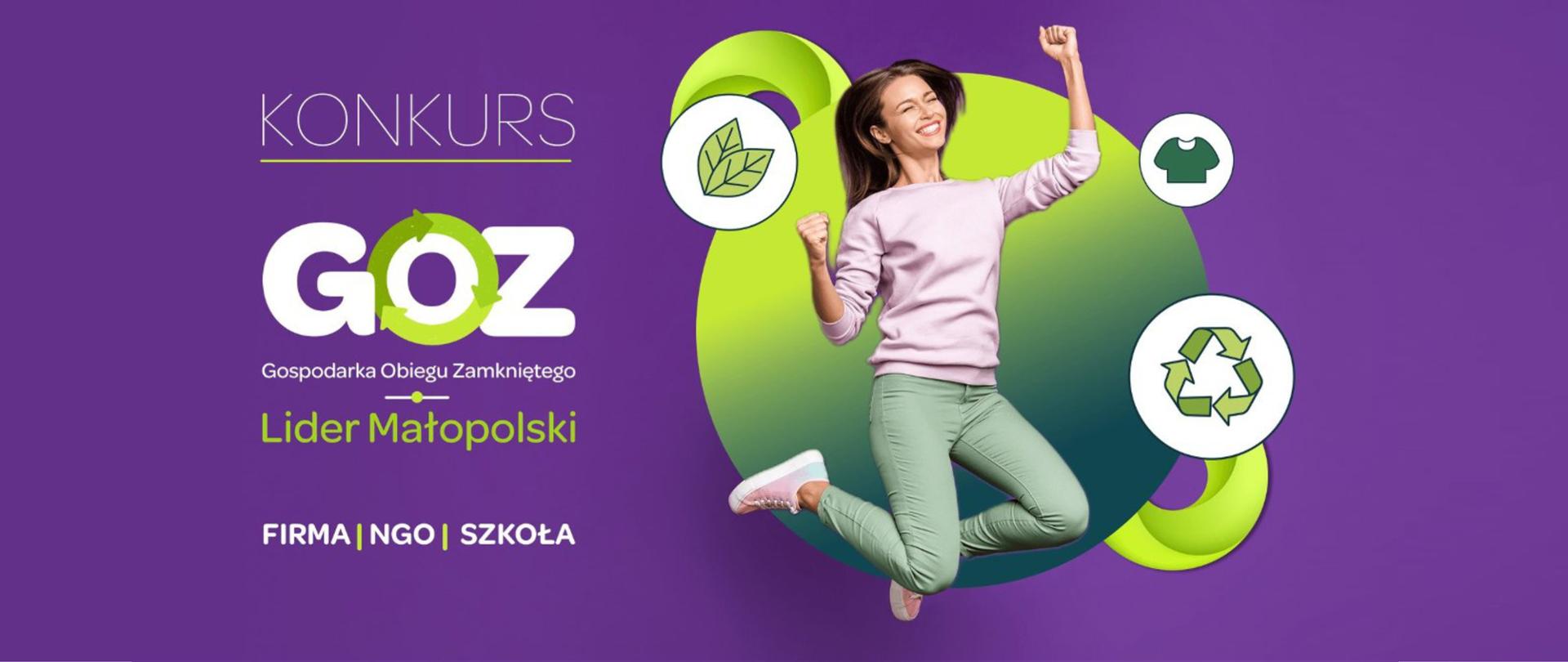Plakat informujący o konkursie, w odcieniach zieleni i fioletu. Po prawej stronie grafika kobiety w podskoku, uśmiechnięta, w tle zielone koło z ikonkami liścia, ubrań i recyklingu.