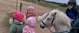 Zabawy w stadninie - trzy dziewczynki głaszczą konia