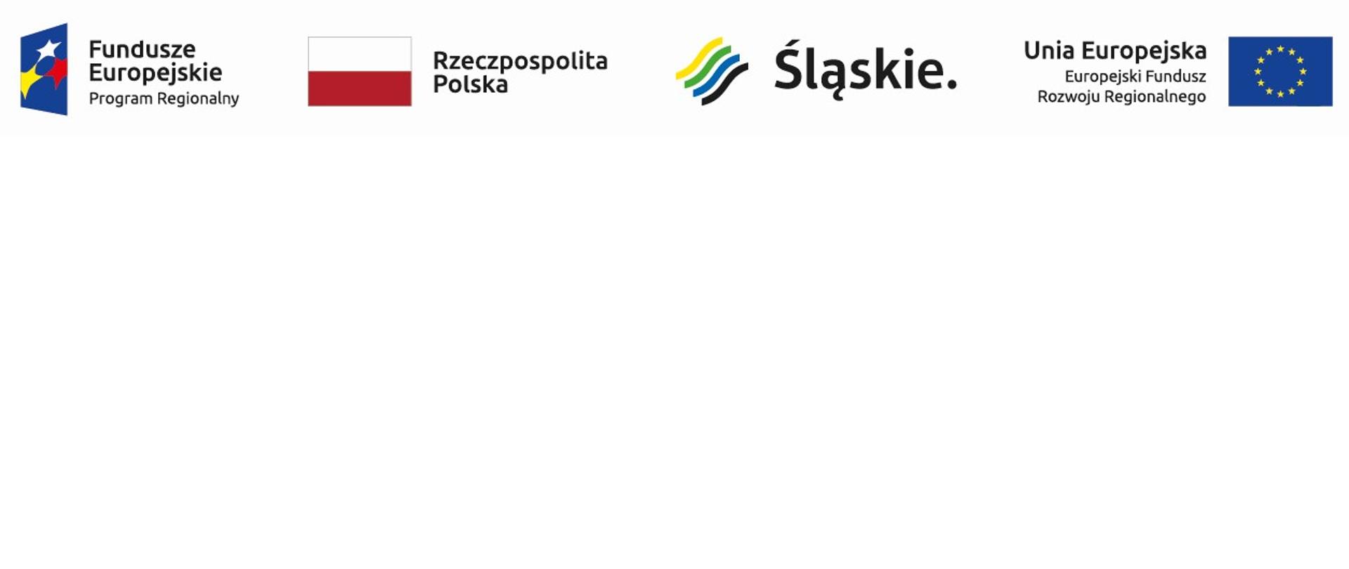 Od lewej krawędzi do prawej w poziomie loga: Fundusze Europejskie Program Regionalny, Rzeczpospolita Polska, Śląskie, Unia Europejska Europejski Fundusz Rozwoju Regionalnego