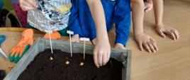 Dzieci przygotowują ogródek - stoją przy stole, na którym stoją donice i nasiona. Trwa akcja sadzenie