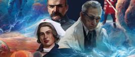 Plakat wydarzenia „Iskry Niepodległej”. Konstantynów Łódzki, Fun Lab, ul. Łódzka 5/7, 14–16.04.2026. Widowisko multimedialne o Polakach, którzy zmieniali świat. Na grafice postacie historyczne, naukowcy, pielęgniarka i astronauta na tle kosmicznym. Strona: iskryniepodleglej.pl.