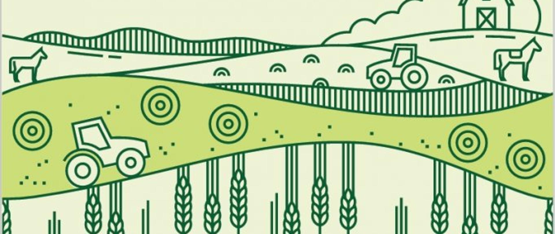 Plakat informacyjny Głównego Urzędu Statystycznego dotyczący badania „Zintegrowane statystyki dotyczące gospodarstw rolnych”. Na grafice przedstawiono stylizowany krajobraz wiejski z polami uprawnymi, traktorami, zwierzętami gospodarskimi oraz budynkiem gospodarstwa. Plakat informuje, że badanie jest prowadzone od 1 czerwca do 14 sierpnia 2026 roku i obejmuje wyłącznie losowo wybranych rolników, którzy otrzymają list od Prezesa GUS. Zebrane dane mają służyć analizie zmian zachodzących w polskim rolnictwie oraz wspierać tworzenie programów wsparcia i polityki żywnościowej. Podkreślono, że wszystkie przekazane informacje są chronione, a publikowane będą jedynie zbiorcze wyniki. Na dole znajdują się dane kontaktowe infolinii statystycznej, kod QR oraz logotypy GUS i Unii Europejskiej.