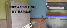 Sprzęt zakupiony ze środków programu Fundusz Inicjatyw Obywatelskich NOWEFIO na lata 2021-2030. Na czterech fotografiach widoczne: szafa na dokumenty, toner wraz z bębnem, ekran komputera, stół ze stojącą na nim maszyną do popcornu.