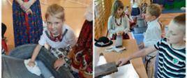 Warsztaty regionalne, dzieci próbują dawnych metod prania czy młucenia. 