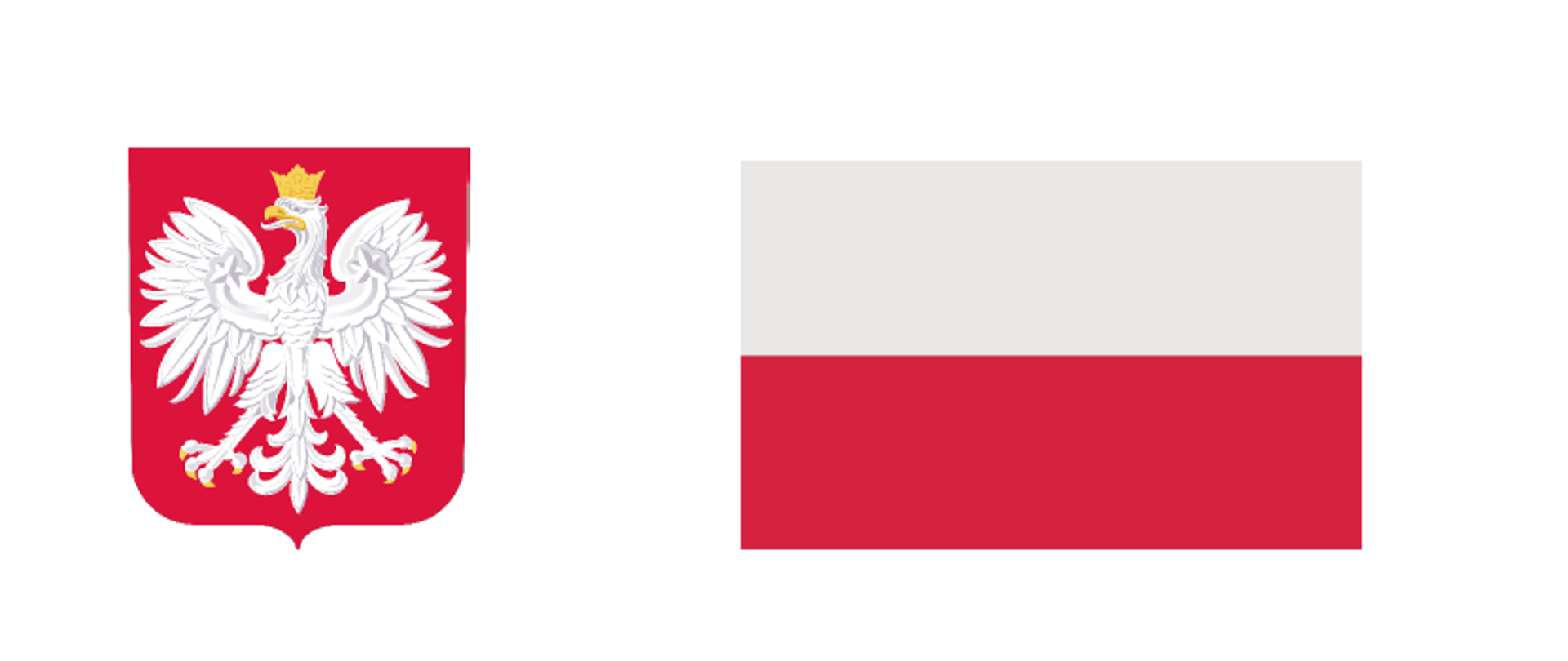 Na jasnym tle obok siebie znajdują się dwa symbole państwowe Rzeczypospolitej Polskiej: po lewej godło z białym orłem w koronie na czerwonej tarczy, po prawej flaga Polski z dwoma poziomymi pasami – białym u góry i czerwonym u dołu.