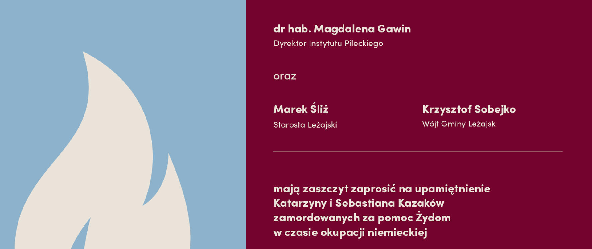 Plakat informujący o uroczystości w Brzózie Królewskiej w barwach błękitu i purpury.
