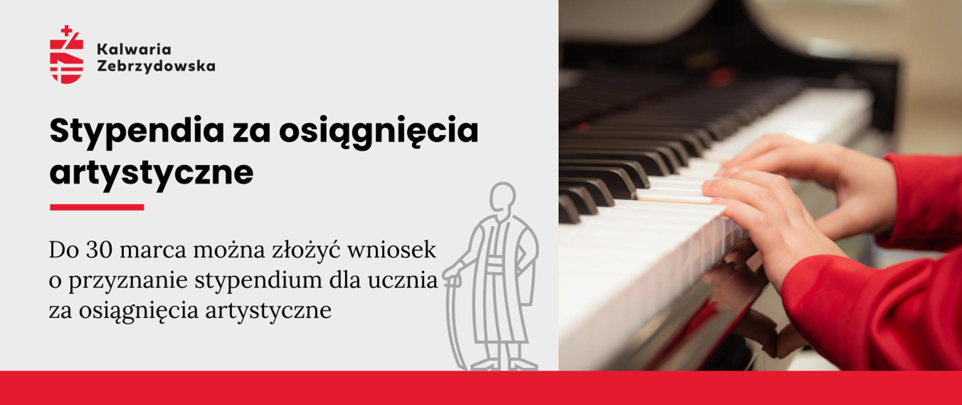 Baner - na szarym tle po lewej logo Kalwarii, tekst nagłówkowy artykułu, po prawej fotografia dziecięcych dłoni na klawiaturze fortepianu, pośrodku kontur postaci symbolizującej Mikołaja Zebrzydowskiego, u dołu czerwona kreska