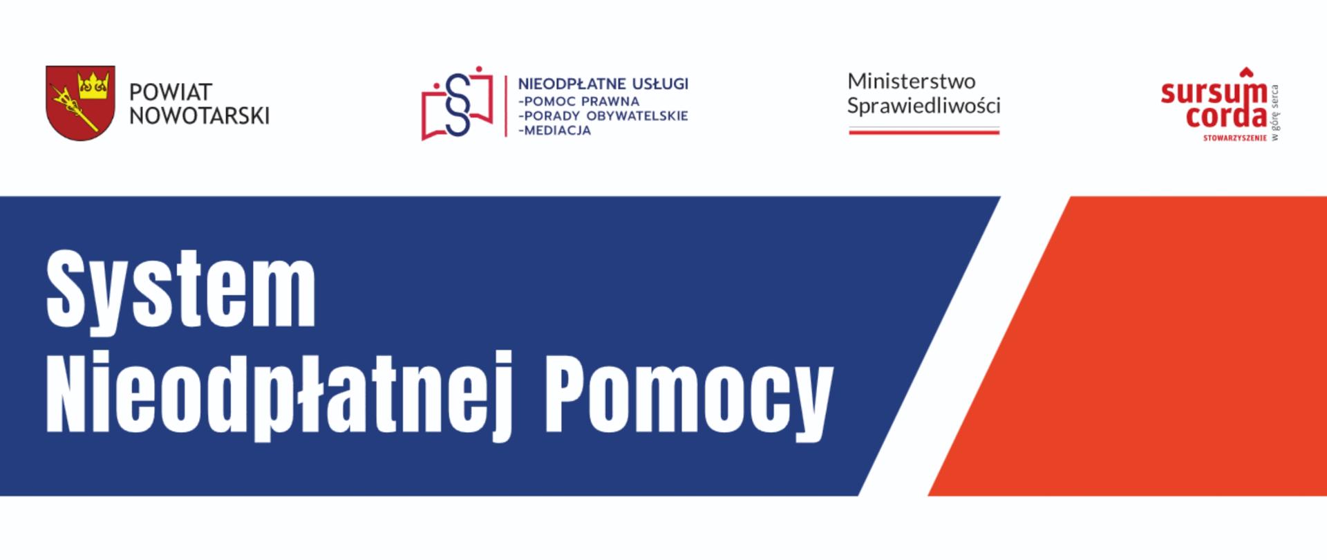 Plakat w tonacji biało- granatowo - czerwonej. informujący o nieodpłatnej pomocy prawnej. Górą umieszczone są loga.