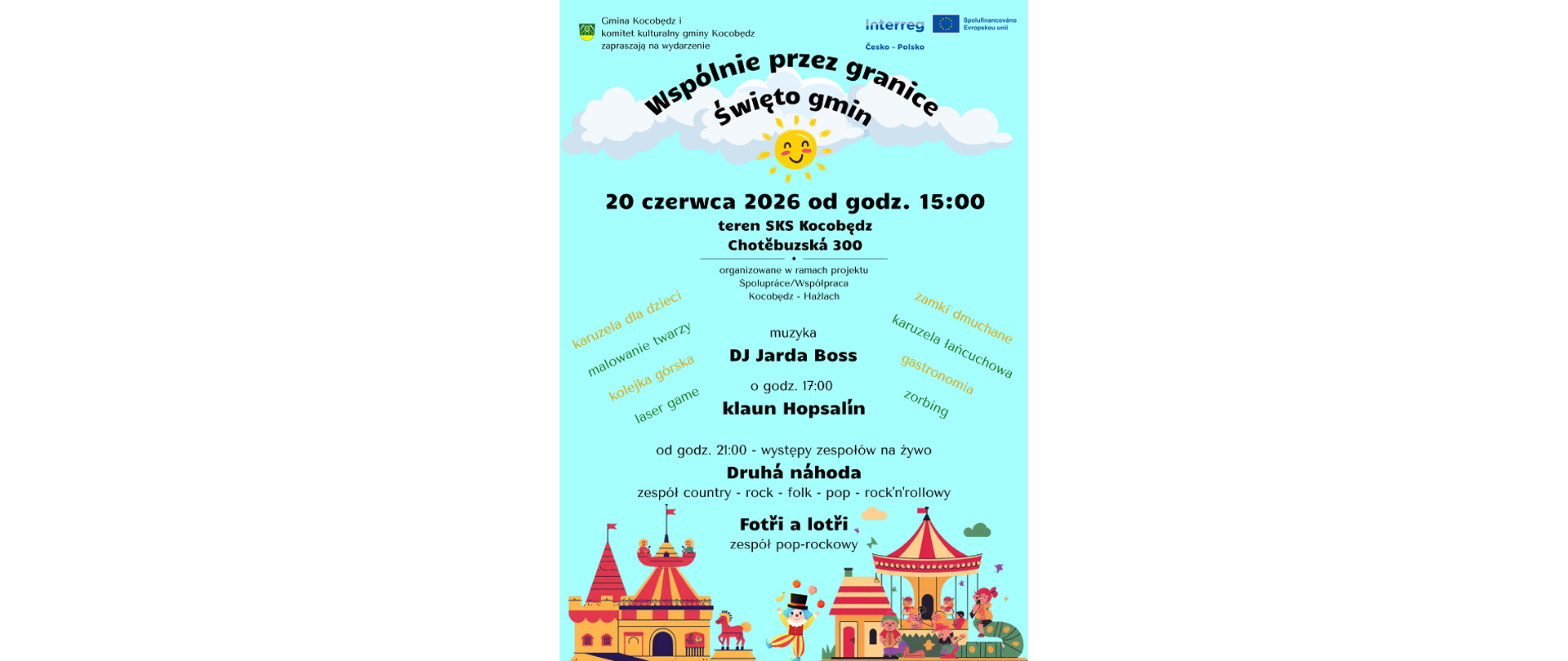 Plakat imprezy. Wspólnie przez granicę –Święto gmin, 20 czerwca 2026 roku od godz. 15.00, teren SKS Kocobędz 