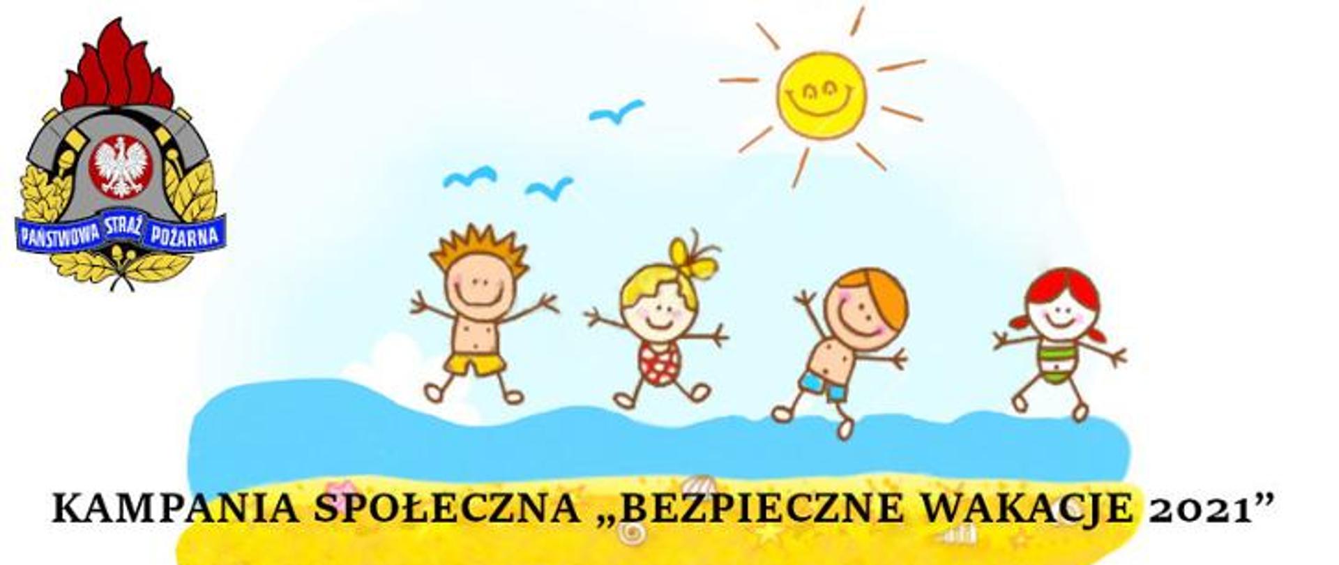 Obraz rysunkowy przedstawiające czworo dzieci nad wodą