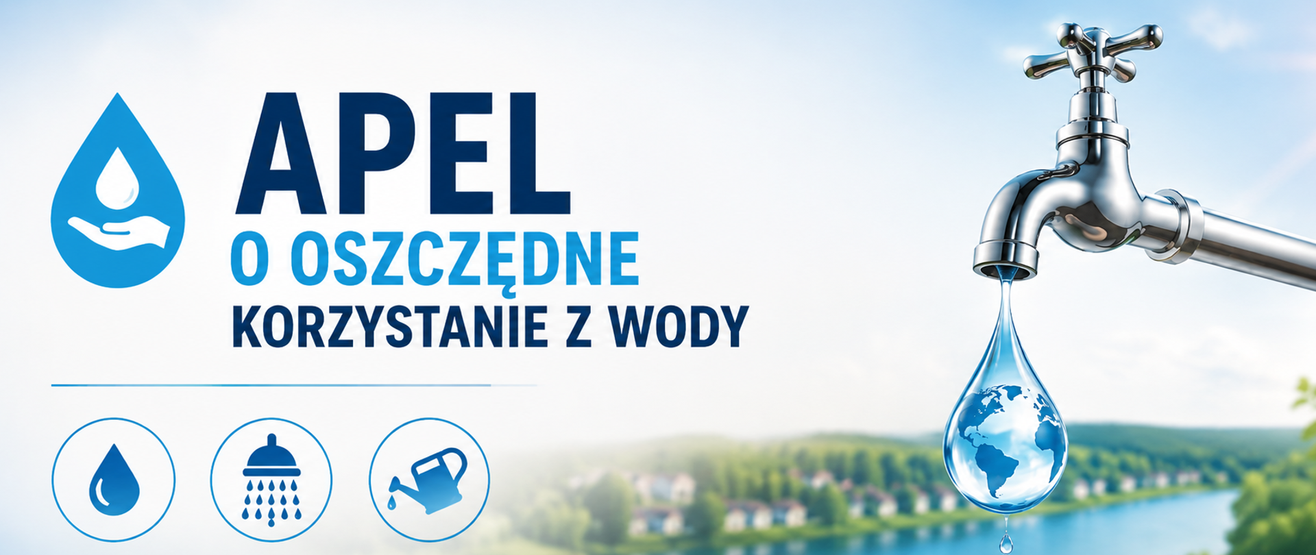 Baner informacyjny promujący oszczędzanie wody. Po lewej stronie znajduje się niebieska ikona dłoni z kroplą wody oraz duży napis „APEL O OSZCZĘDNE KORZYSTANIE Z WODY”. Pod nim umieszczono trzy okrągłe piktogramy przedstawiające kroplę wody, prysznic i konewkę. Po prawej stronie widoczny jest chromowany kran, z którego spływa duża kropla wody z wizerunkiem Ziemi w środku. W tle znajduje się spokojny krajobraz z jeziorem, zielenią i jasnym niebem, podkreślający ekologiczny charakter grafiki.