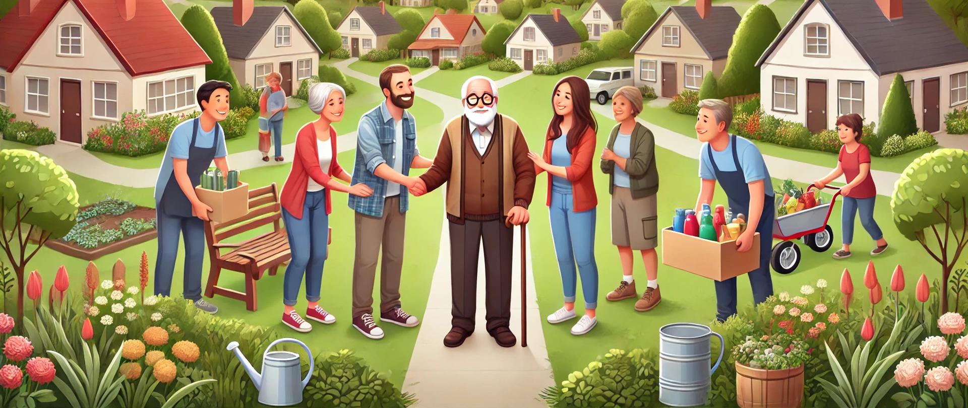 Pomoc sąsiedzka dla starszej osoby w wiejskiej scenerii, sąsiedzi pomagają z zakupami i ogrodem.