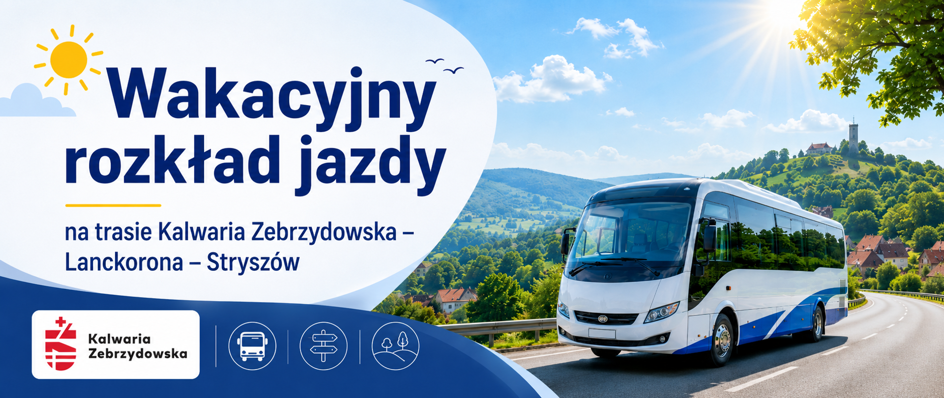 Grafika informująca o wakacyjnym rozkładzie jazdy na trasie Kalwaria Zebrzydowska – Lanckorona – Stryszów. Po prawej stronie przedstawiono autobus jadący malowniczą drogą wśród zielonych wzgórz, a w dolnej części umieszczono logo Gminy Kalwaria Zebrzydowska.