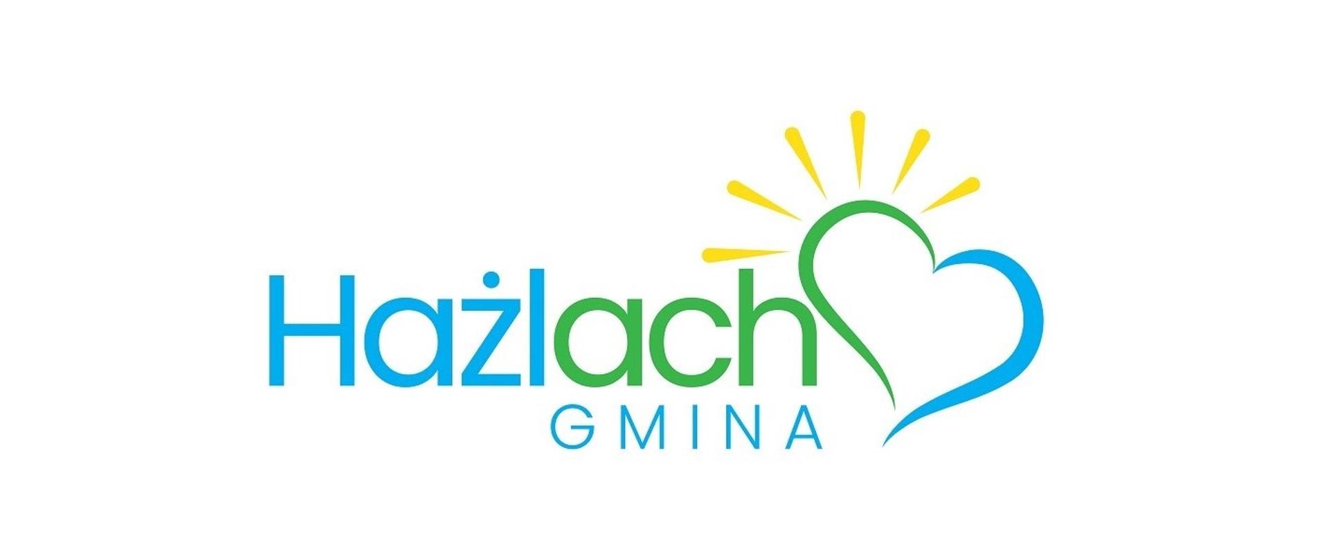 Logo Gminy Hażlach: logotyp, czyli zapisana w kolorze niebieskim i zielonym nazwa gminy Hażlach oraz sygnet, który tworzą linie zielona i niebieska, składające się w kształt serca, dopełniane przez sześć promieni słonecznych w kolorze żółtym, symbolizujących sołectwa gminy 