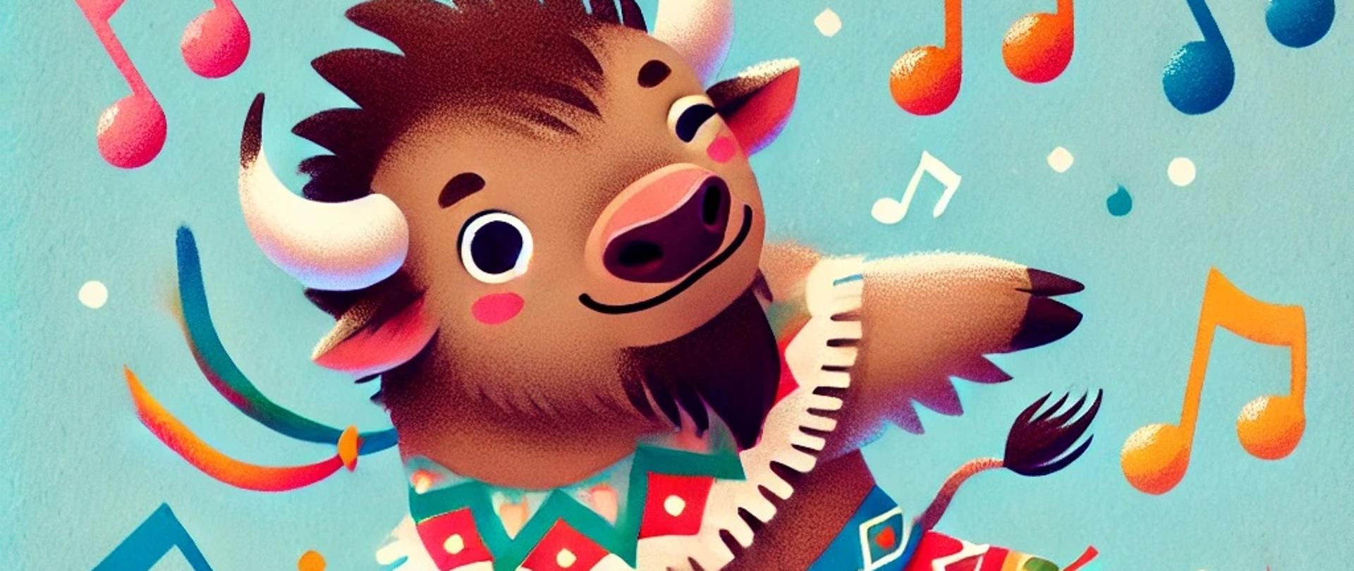 Tańczący żubr w otoczeniu kolorowych nut