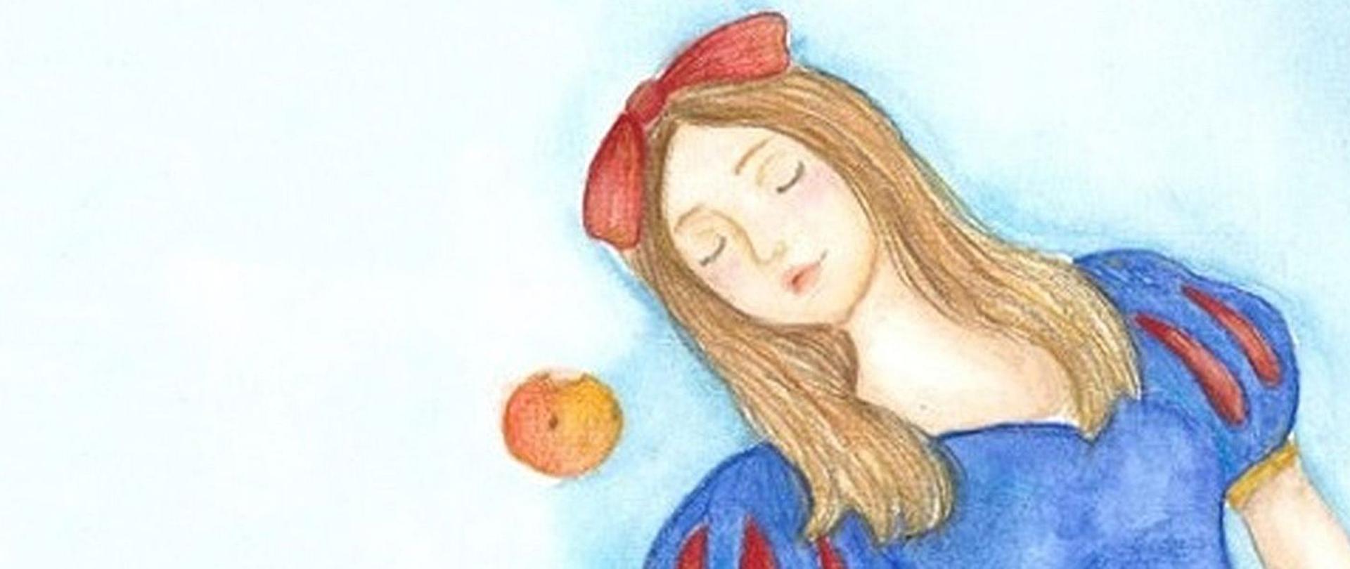 Rysunek przedstawiający młodą kobietę z przymkniętymi oczami i czerwoną kokardą we włosach koloru blond