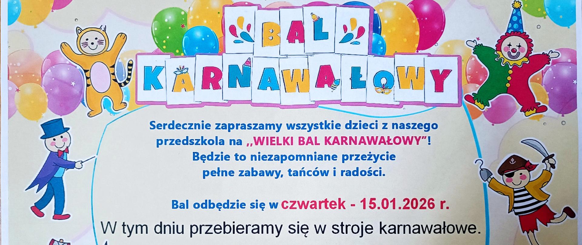 Plakat - zaproszenie na bal karnawałowy. Informacje zawarte w artykule.