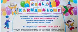 Plakat - zaproszenie na bal karnawałowy. Informacje zawarte w artykule.
