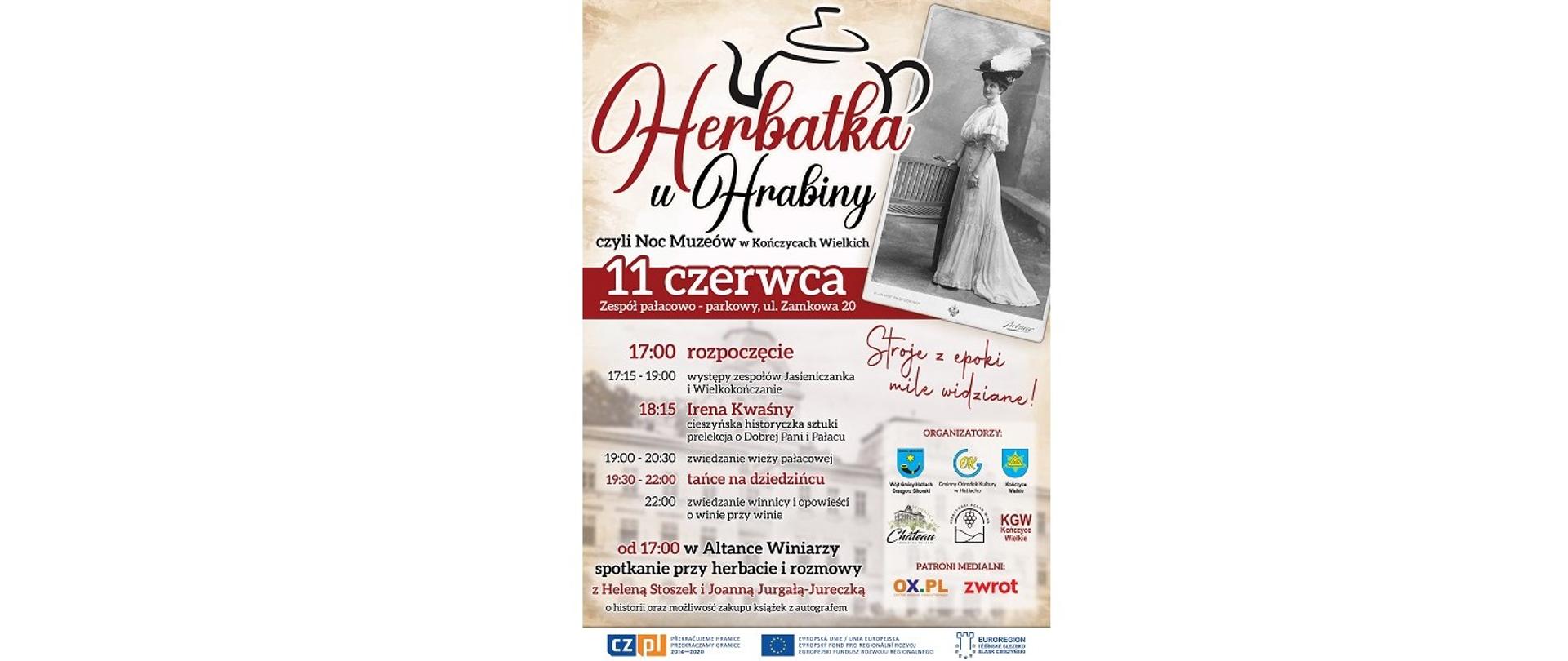 Plakat Nocy Muzeów. „Herbatka u Hrabiny”, czyli Noc Muzeów w Kończycach Wielkich. 11 czerwca, zespół pałacowo-parkowy, ul. Zamkowa 20. Godzina 17.00 rozpoczęcie.