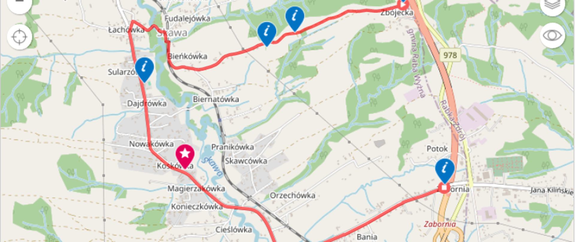 Zdjęcie przedstawia trasę rowerową zaczynająca się w Skawa z placu MOP Zbójecka Góra a kończąca się w Skawa Zaborniza.