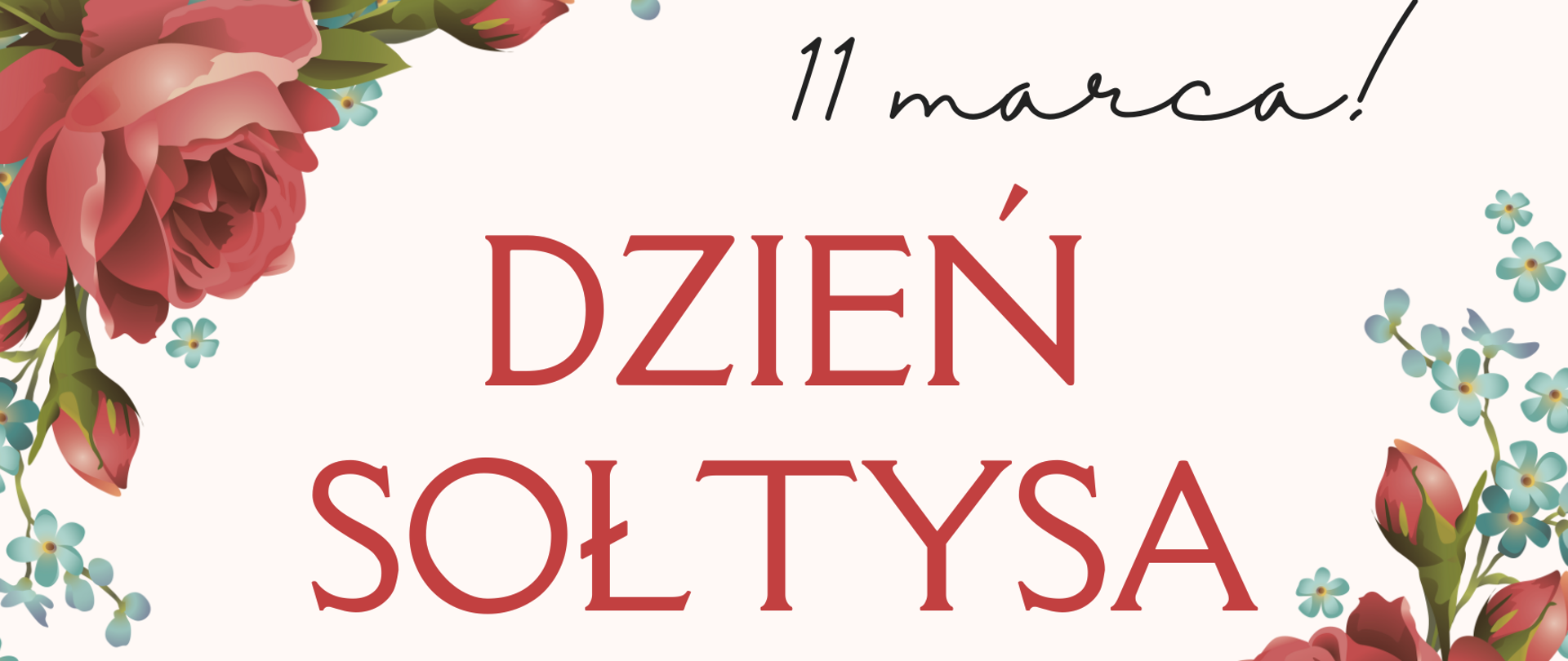 W centralnej części grafiki znajduje się czerwony napis "Dzień Sołtysa", powyżej czarny napis w innej czcionce, nieco mniejszej "11marca". Całość napisów otaczają czerwone i niebieskie kwiaty.