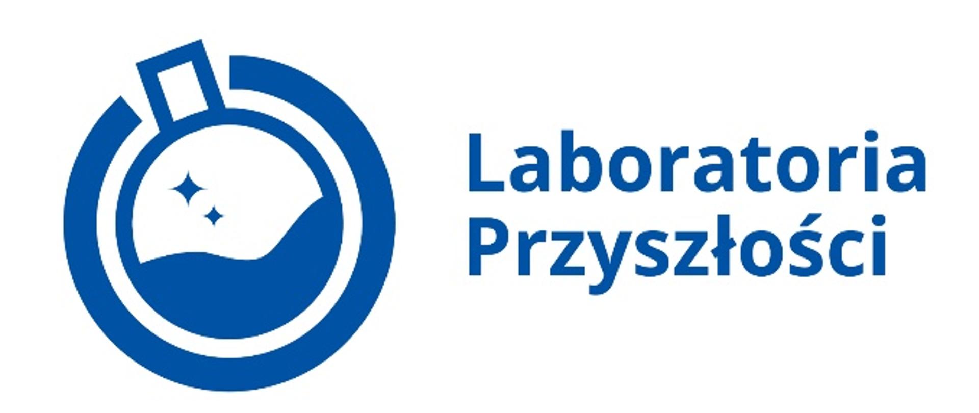 Granatowy napis Laboratoria Przyszłości oraz symbol kulistej kolby chemicznej otoczonej okręgiem