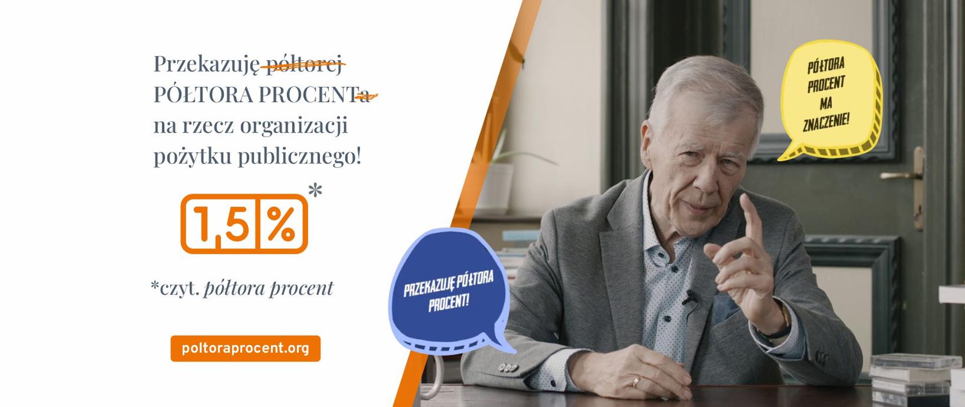 Baner - po lewej informacja o poprawnym zapisie liczebnika i słowa procent, po prawej fotografia przedstawiająca siedzącego prof. Miodka z uniesionym palcem i dorysowane 2 dymki z przykładowymi poprawnymi zdaniami.