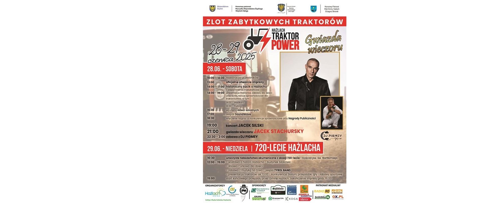 Plakat imprezy Zlotu Zabytkowych Traktorów – Traktor Power. Hażlach 28-29 czerwca 2025 r. 720-lecie Hażlacha 