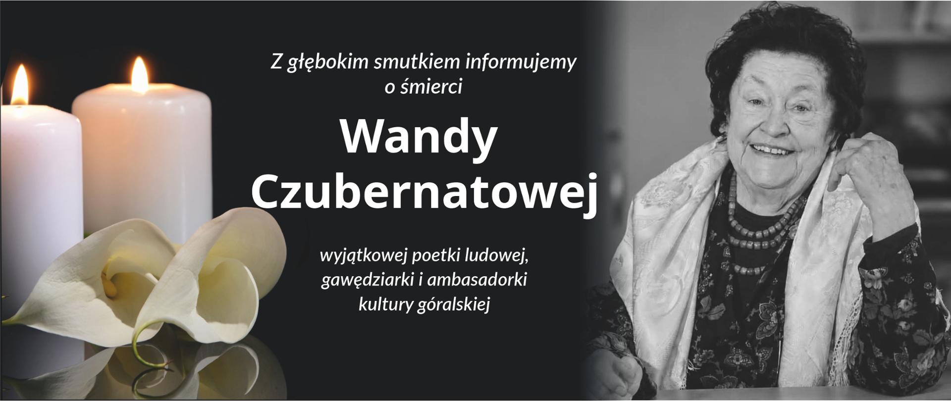 Grafika z kondolencjami, po lewej dwie świece i kwiat, po prawej czarno-białe zdjęcie starszej pani w koralach góralskich i chuście. 