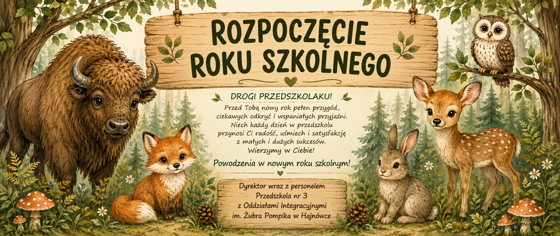 Na tle grafiki lasu wraz z leśnymi zwierzętami, umieszczono życzenia od Dyrekcji (info zawarte w artykule)