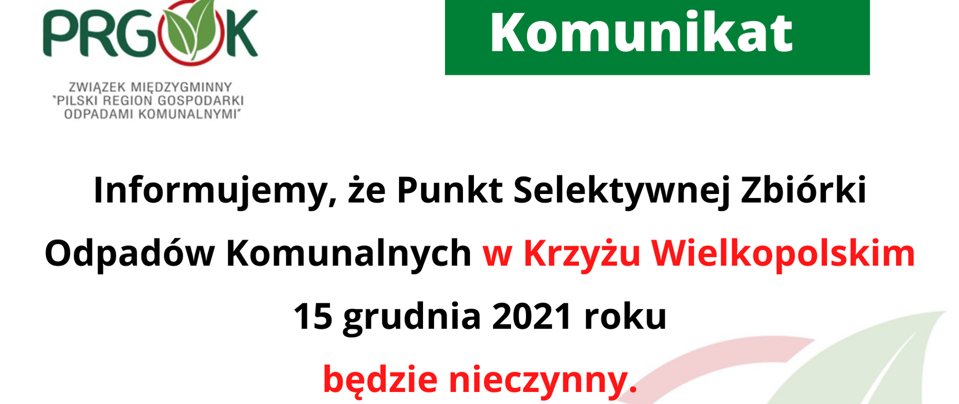 PSZOK nieczynny 15.12.2021